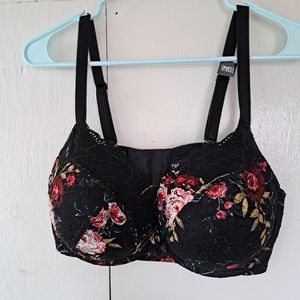Torrid Curve Push-Up Plunge Black & Floral Print Lace Over Underwire Bra SZ 40DD